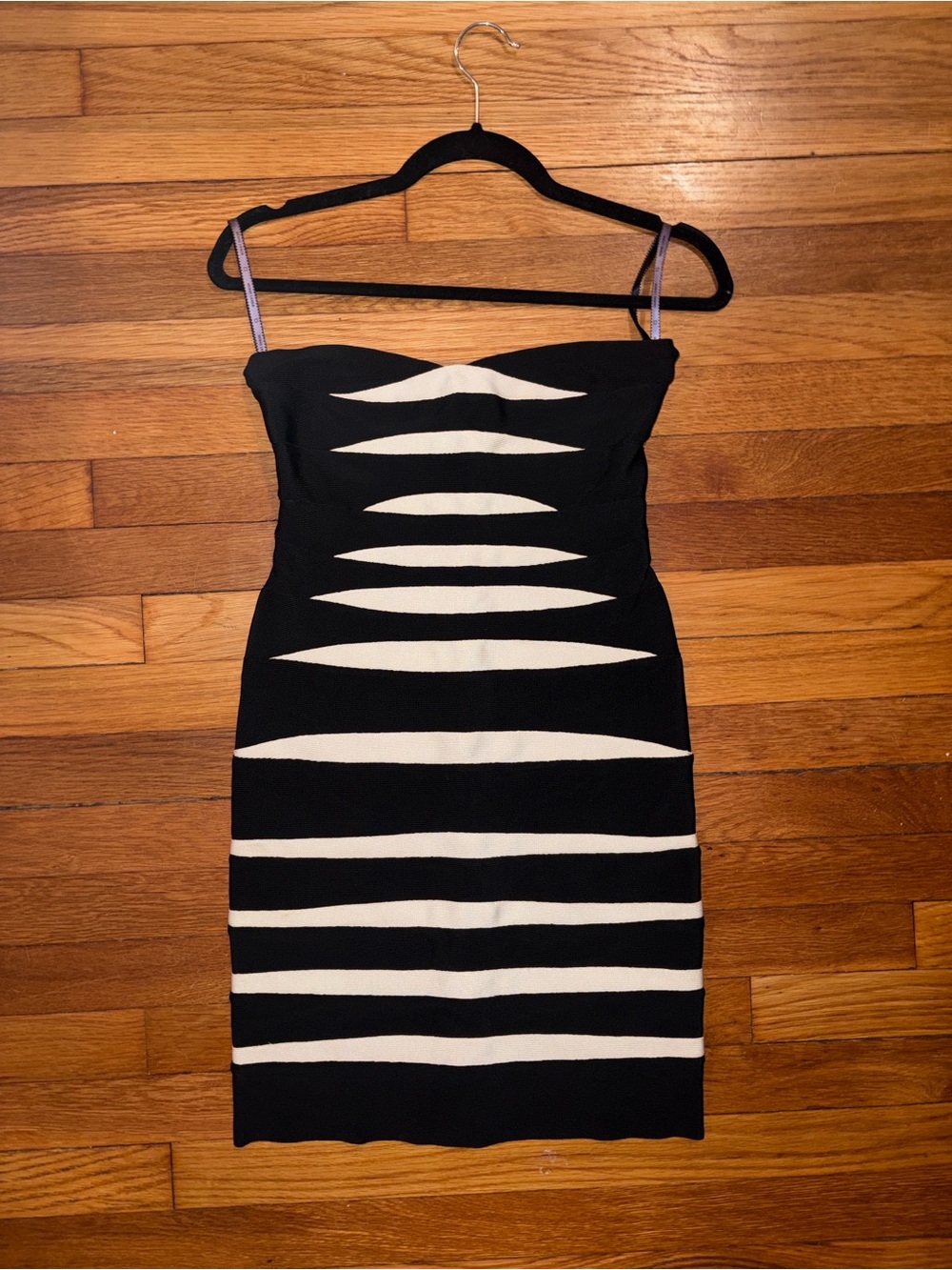 Herve Leger Strapless Striped Bandage Mini - Black and Beige - Size Small